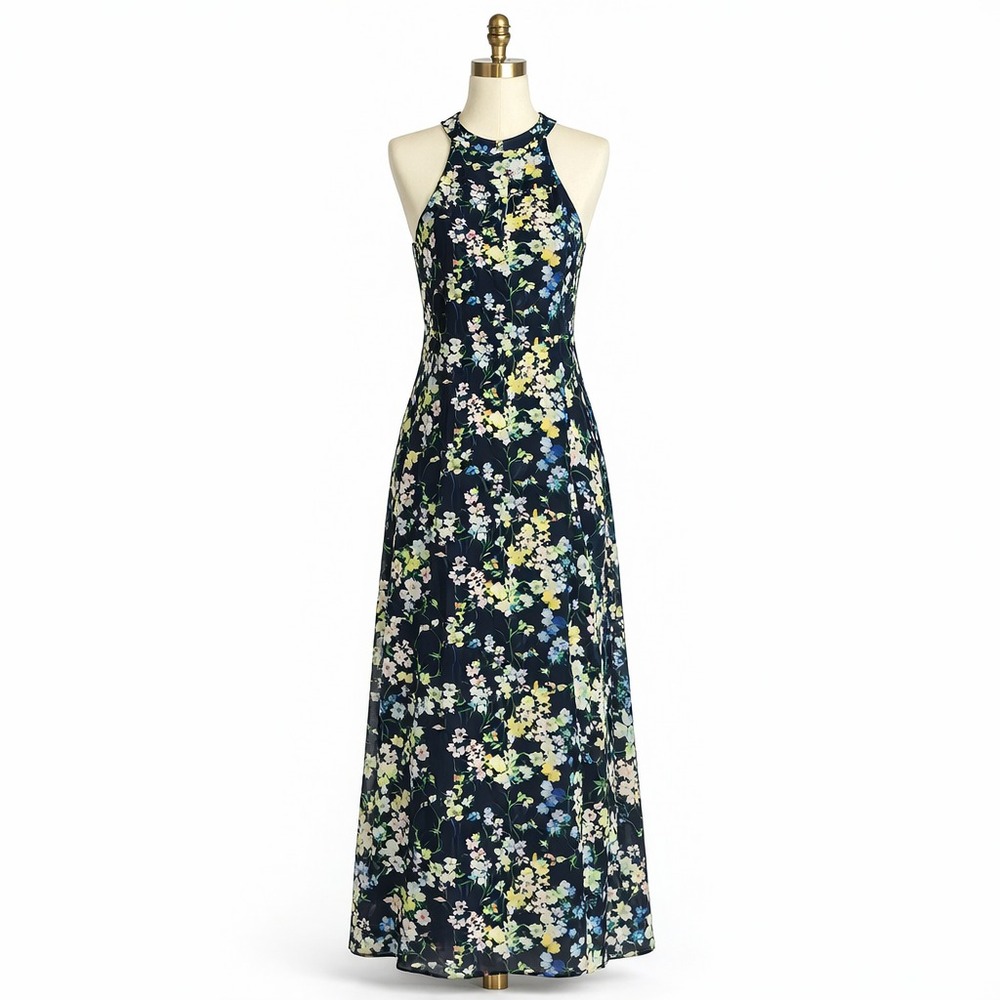 Tommy Hilfiger Womens 2 Maxi Dress Sleeveless Floral Navy Blue Yellow Summer